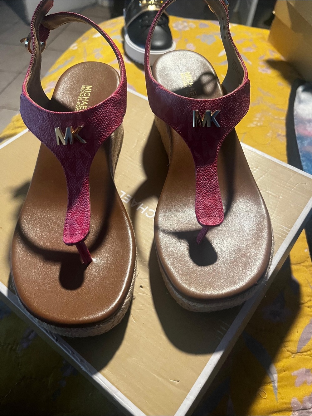 Michael Kors Pink T-Strap Wedge Sandals with MK Logo